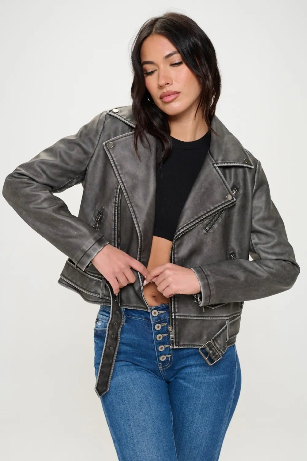 Coalition LA Zip Up Vegan Leather Biker Jacket with Belt | Jackets Daverri Fashions