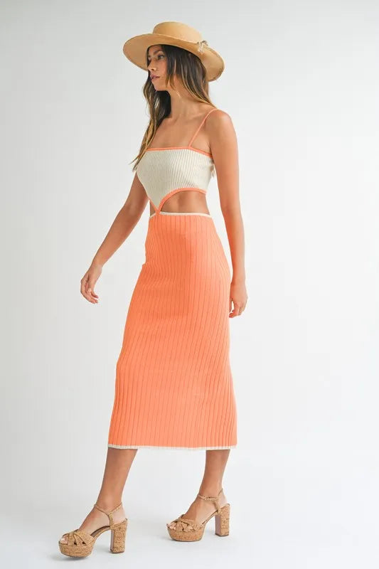 MABLE Ribbed Knit Color Block Cutout Midi Dress