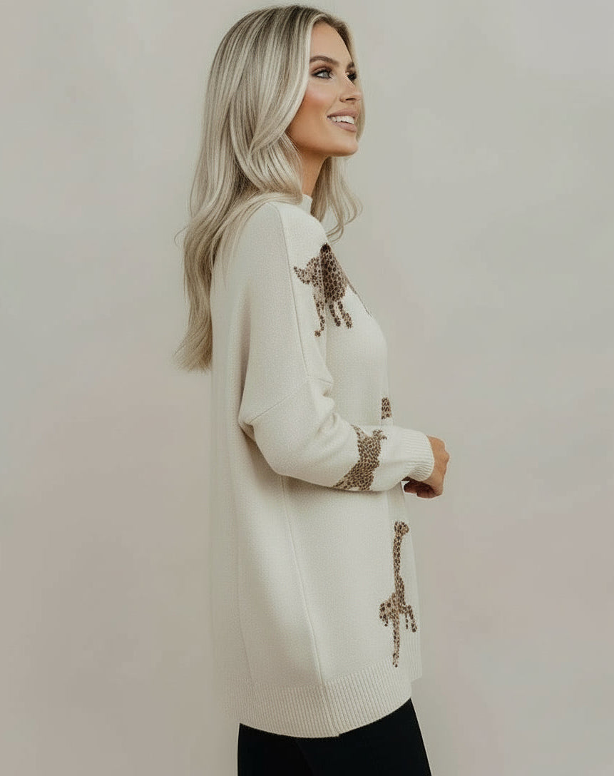 Side Slit Loose Fit Cheetah Print Mock Neck Sweater