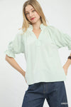 Umgee mint green striped ruffle sleeve V-neck blouse with puffed sleeves