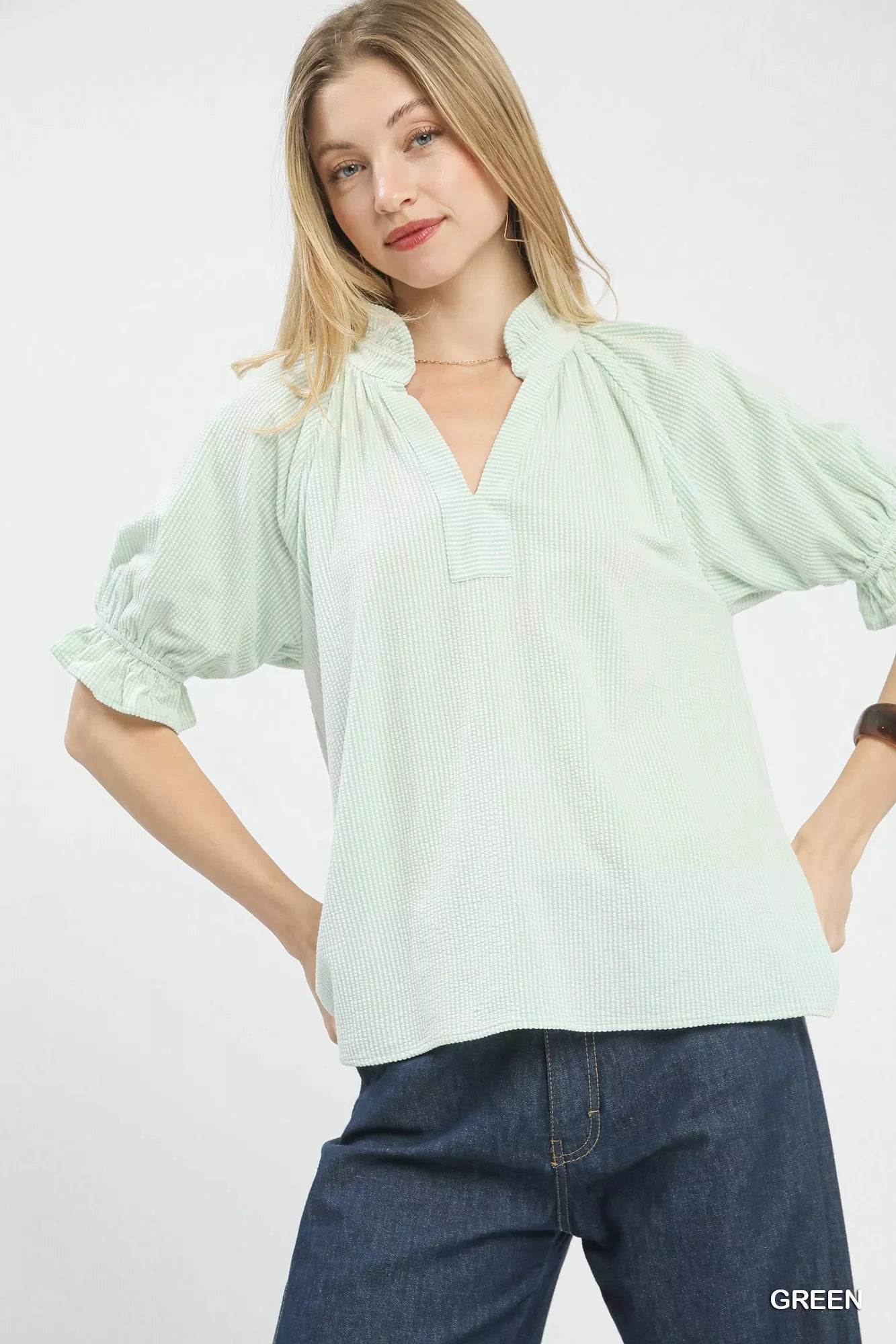 Umgee mint green striped ruffle sleeve V-neck blouse with puffed sleeves