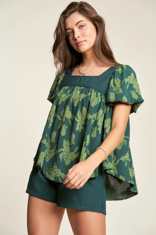 Davi & Dani Nature Printed Square Neck Puff Sleeve Blouse