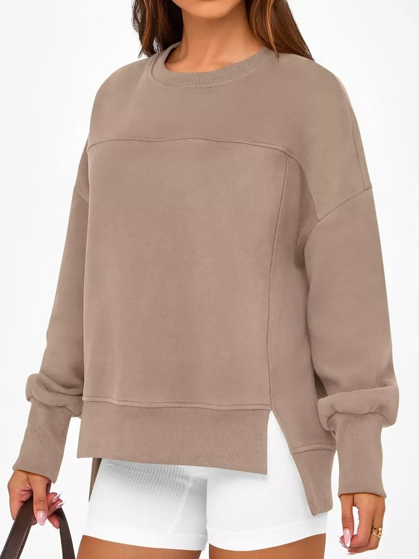 Slit Round Neck Dropped Shoulder Sweatshirt - DAVERRI FASHIONS