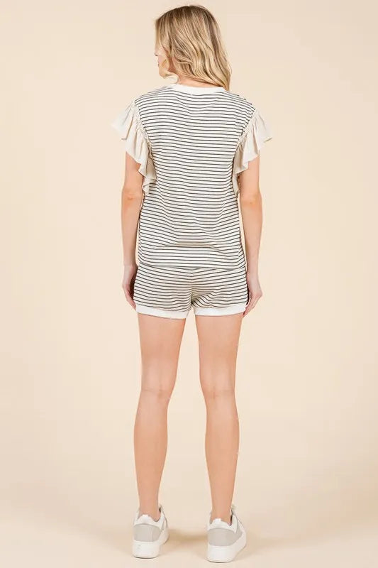 Lime 'N' Chili Striped Ruffle Sleeve Round Neck Top & Shorts Set