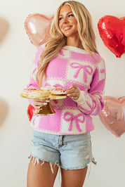 Pink Bow Knot Two Tone Checkered Crew Neck Sweater | Sweaters Daverri Fashions