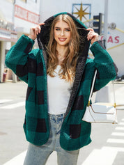 Green and black plaid oversized hoodie with sherpa lining
