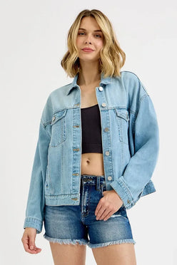 RISEN Washed Dropped Shoulder Denim Jacket - DAVERRI FASHIONS