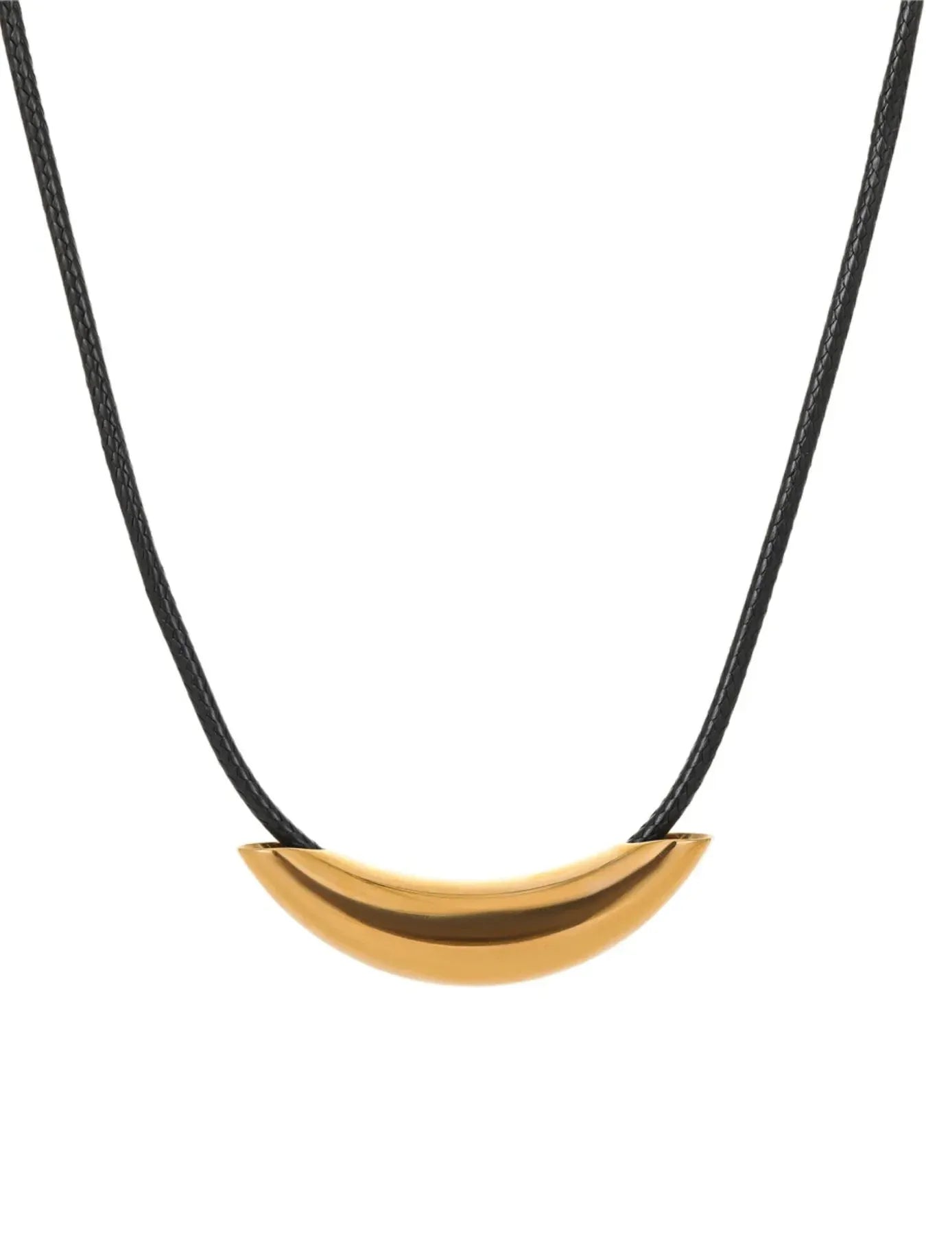 Stainless Steel Curved Bar Necklace with Leather Rope - DAVERRI FASHIONS