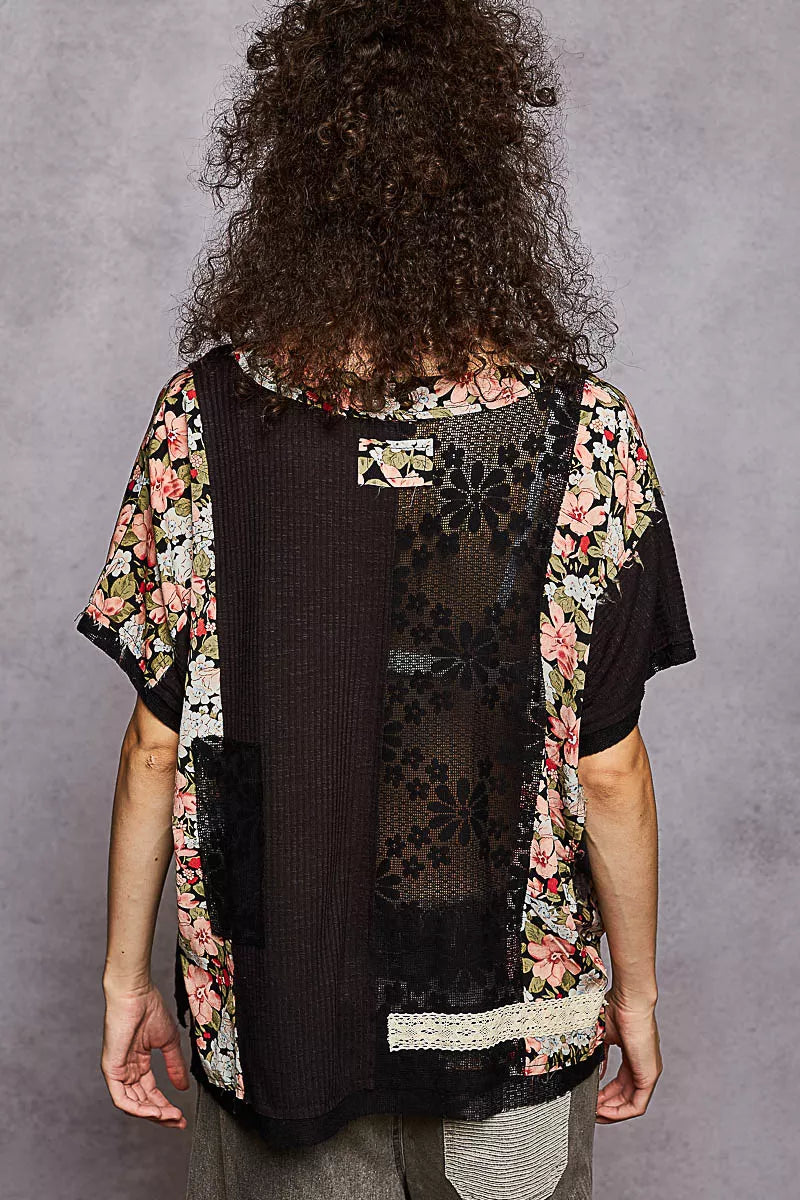 POL Lace Round Neck Short Sleeve Floral Pattern Top with Patch Detail | Blouses Daverri Fashions