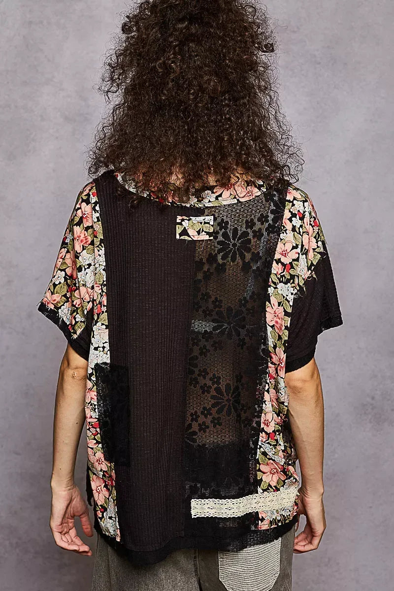 POL Lace Round Neck Short Sleeve Floral Pattern Top with Patch Detail - DAVERRI FASHIONS