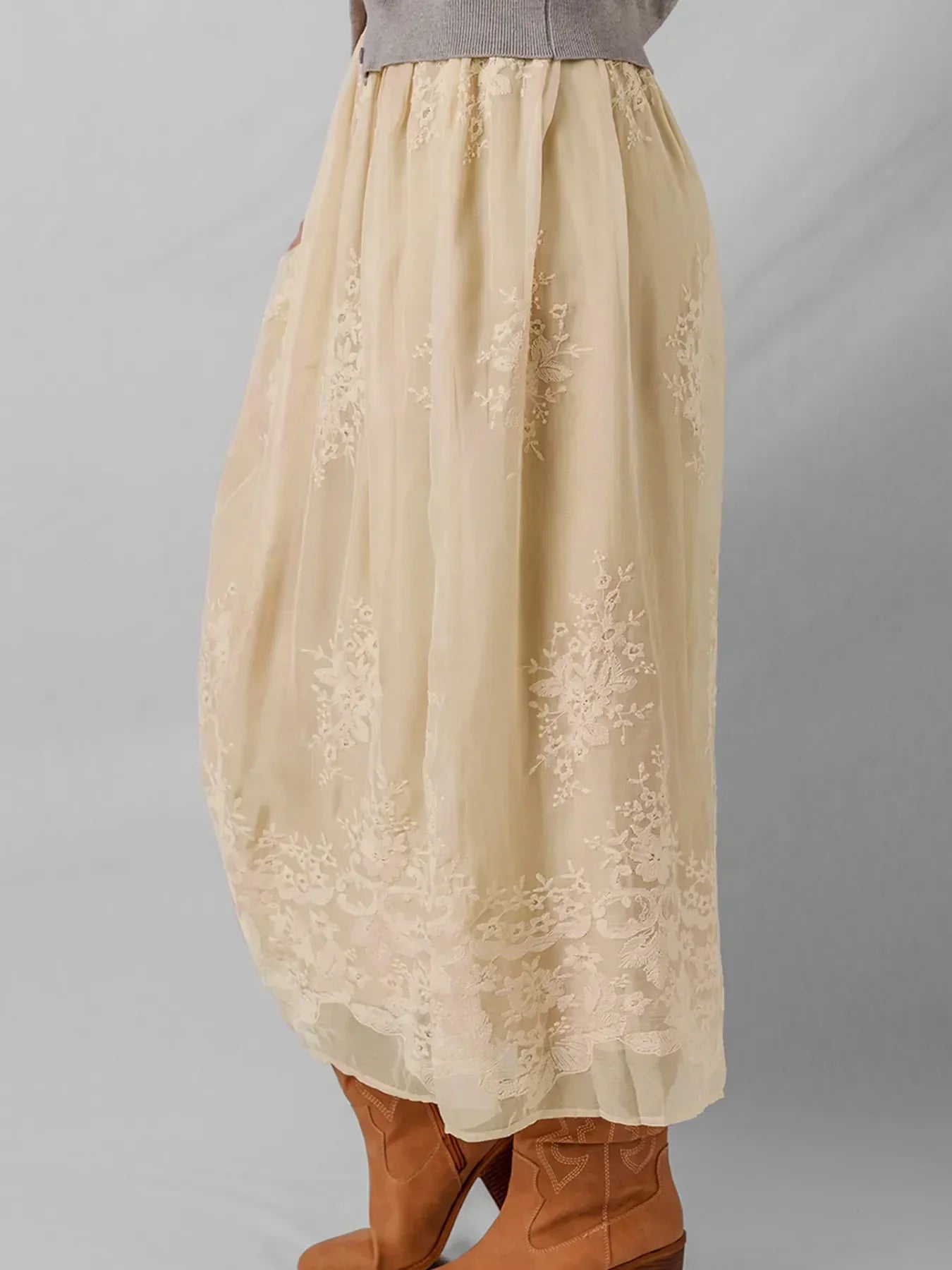 Embroidered Mesh Overlay Flowy Midi Skirt - DAVERRI FASHIONS
