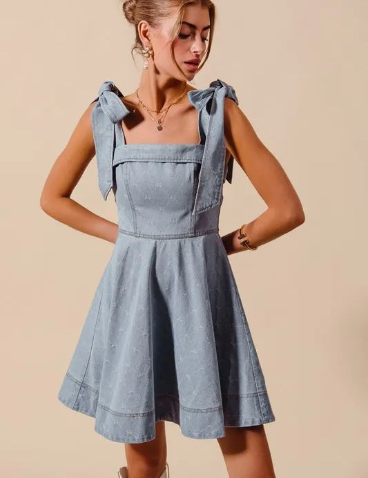 SO ME A Line Fit and Flare Diamond Bow Ribbon Denim Dres | Mini Dresses Daverri Fashions