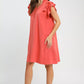 Umgee linen flutter sleeve shift dress in coral with ruffles and pockets