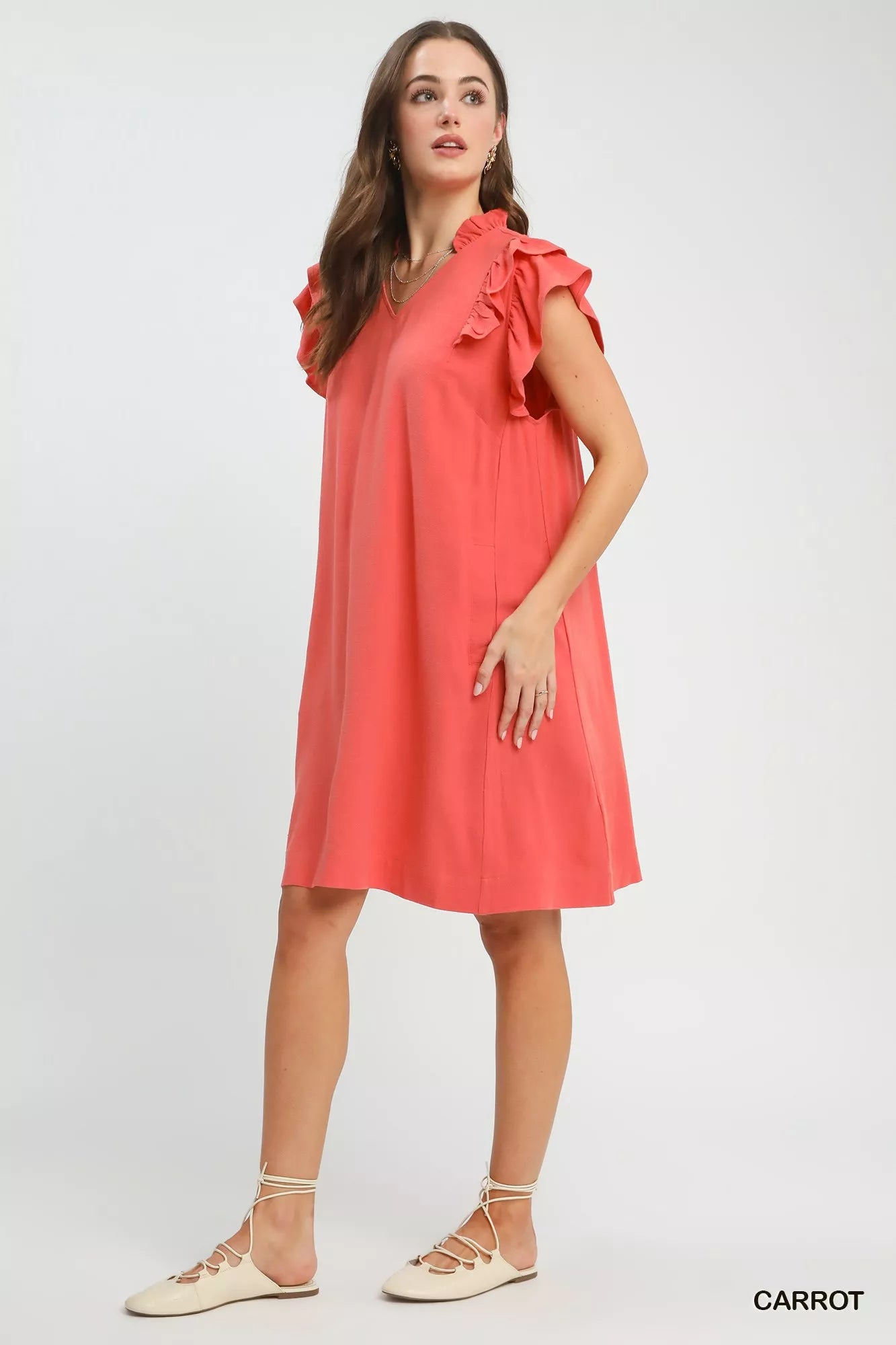 Umgee linen flutter sleeve shift dress in coral with ruffles and pockets