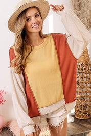 OATMEAL COMBO L BiBi Waffle-Knit Exposed Seam Color Block Uneven Hem Top | Tops Daverri Fashions