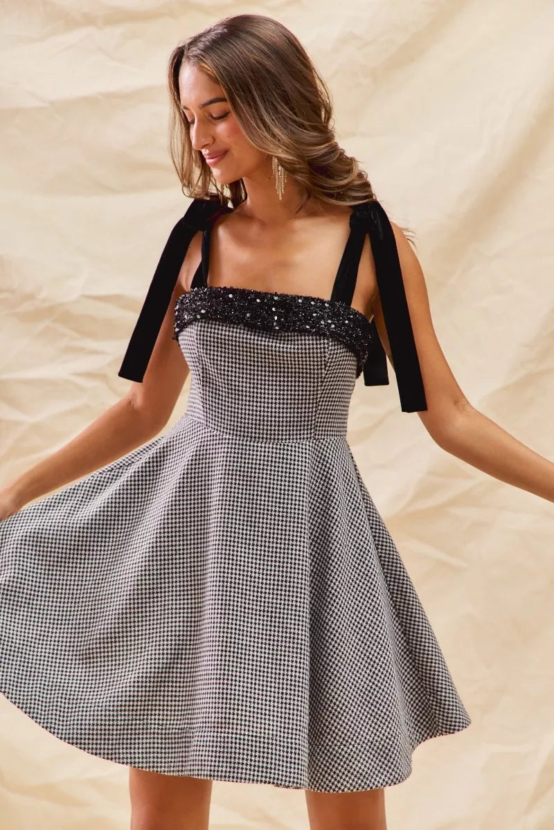 SO ME Houndstooth Fit Flare Mini Dress with Shoulder Tie | Mini Dresses Daverri Fashions