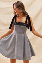 SO ME Houndstooth Fit Flare Mini Dress with Shoulder Tie | Mini Dresses Daverri Fashions