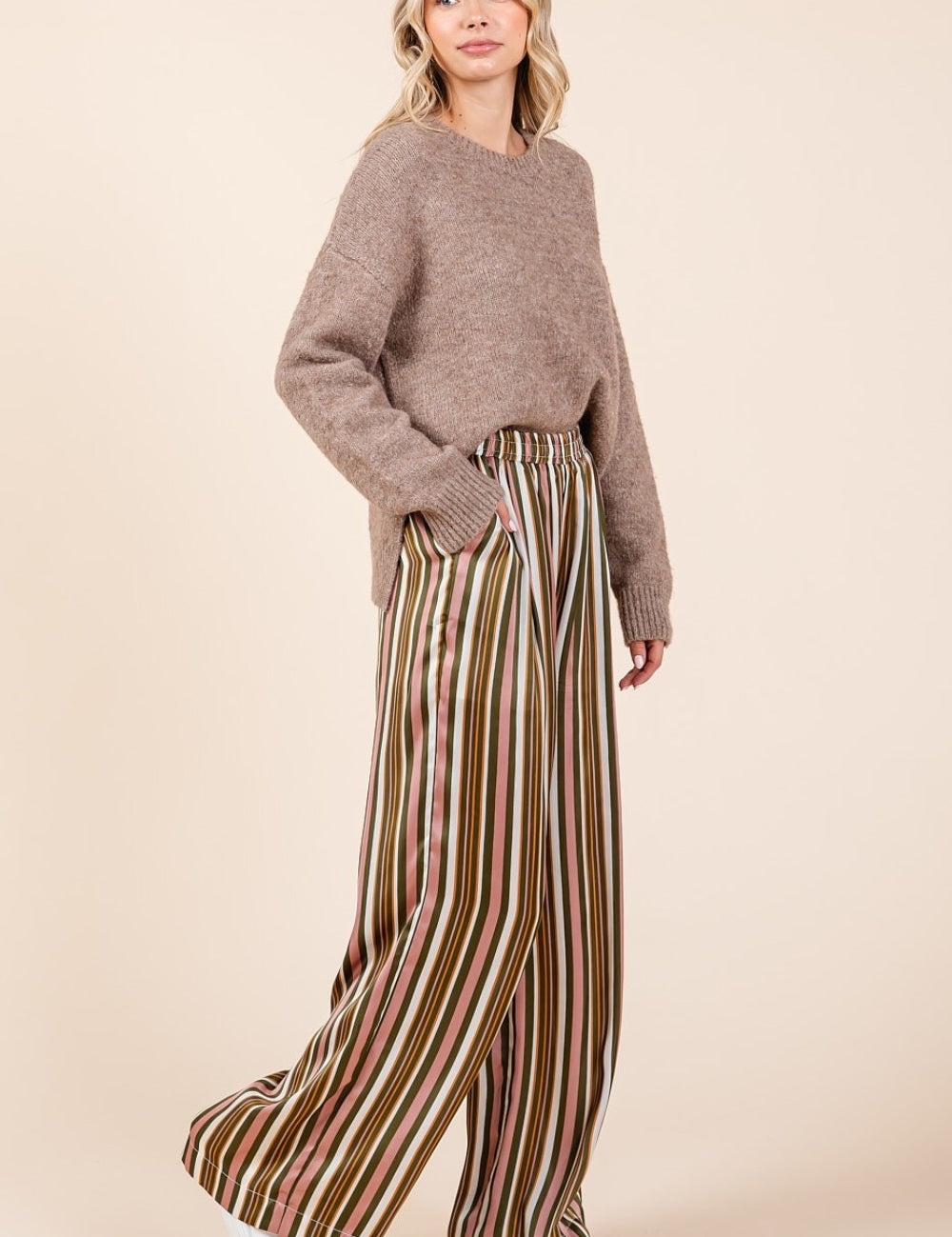 Mittoshop Striped Satin Elastic Waist Wide Leg Pants