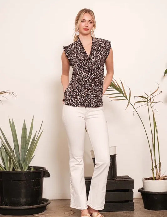Lime 'N' Chili Multi Dot Print Sleeveless Button Down Blouse | Daverri Fashions