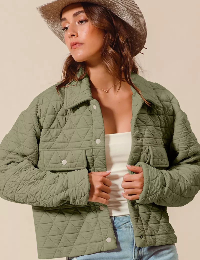 LT OLIVE SO ME Triangle Quilting Stitch Button Up Knit Jacket | Jackets Daverri Fashions