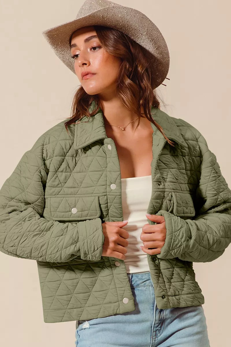 LT OLIVE SO ME Triangle Quilting Stitch Button Up Knit Jacket | Jackets Daverri Fashions