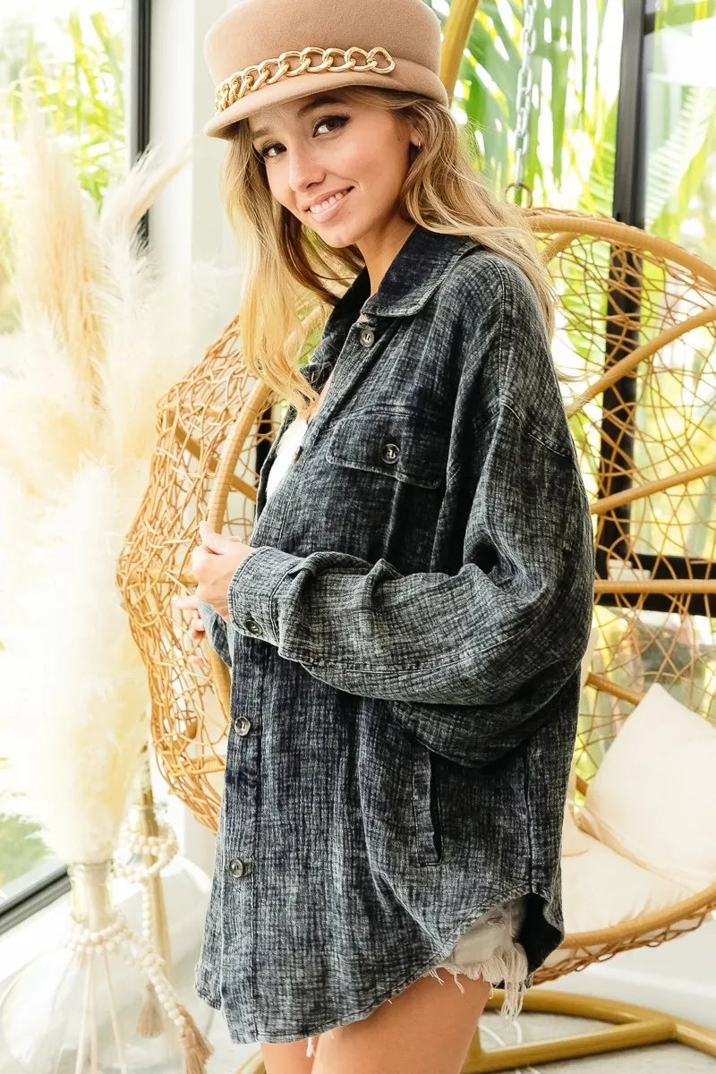 BiBi Vintage Washed Wrinkle Gauze Shacket | Daverri Fashions