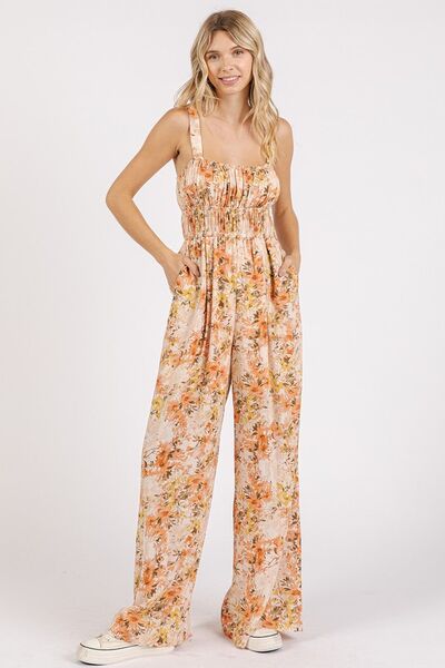 Mittoshop Flower Print Gathered Bust Sleeveless Jumpsuit Jumpsuits