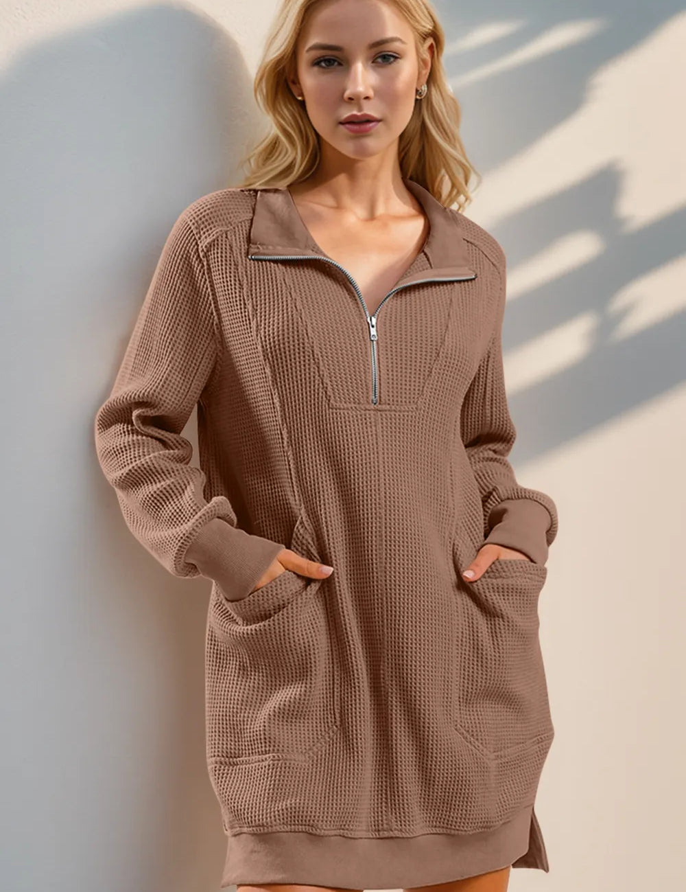 Taupe Double Take Waffle Long Sleeve Mini Dress with Pockets | Mini Dresses Daverri Fashions
