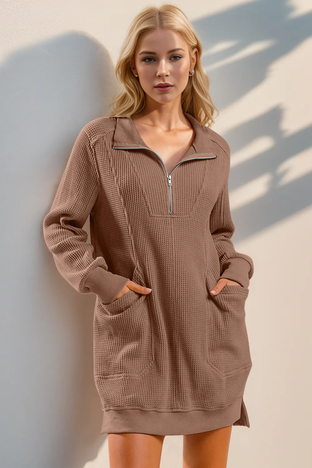Taupe Double Take Waffle Long Sleeve Mini Dress with Pockets | Mini Dresses Daverri Fashions