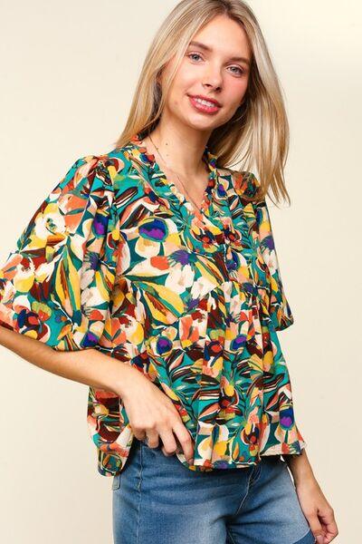 Haptics Full Size Frill Floral Puff Sleeve Peplum Blouse Blouses