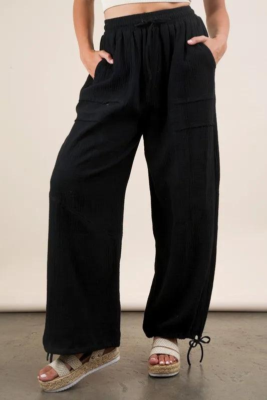 VERY J Wide Leg Gauze Solid Pants Black S Pants