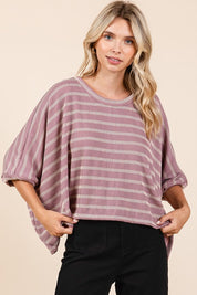 Mittoshop Texture Striped Print Round Neck Dolman Sleeve Top Dusty Pink