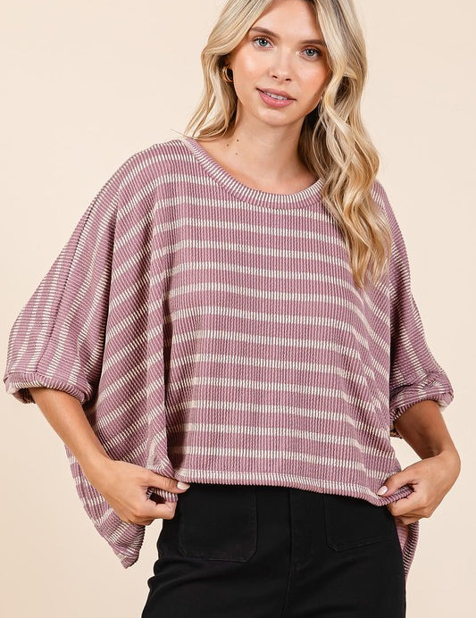 Mittoshop Texture Striped Print Round Neck Dolman Sleeve Top Dusty Pink