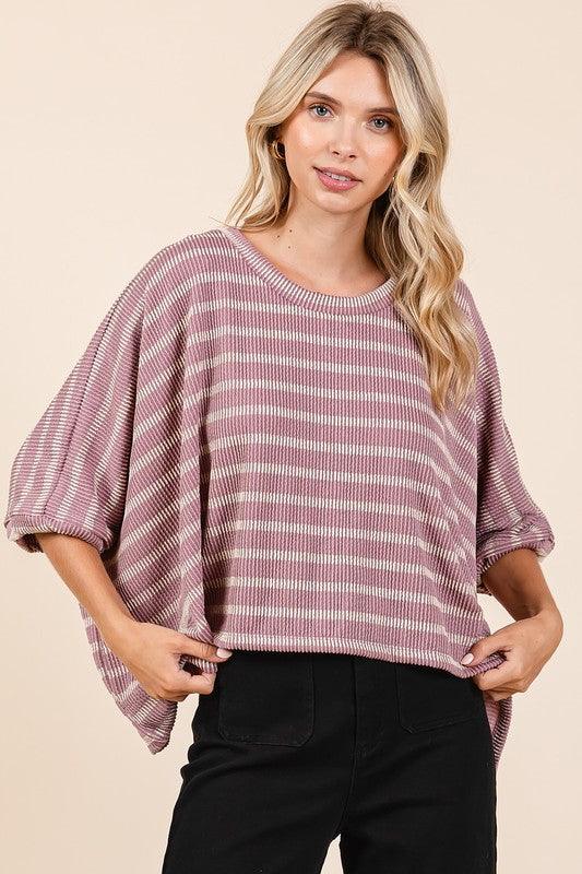 Mittoshop Texture Striped Print Round Neck Dolman Sleeve Top Dusty Pink M L