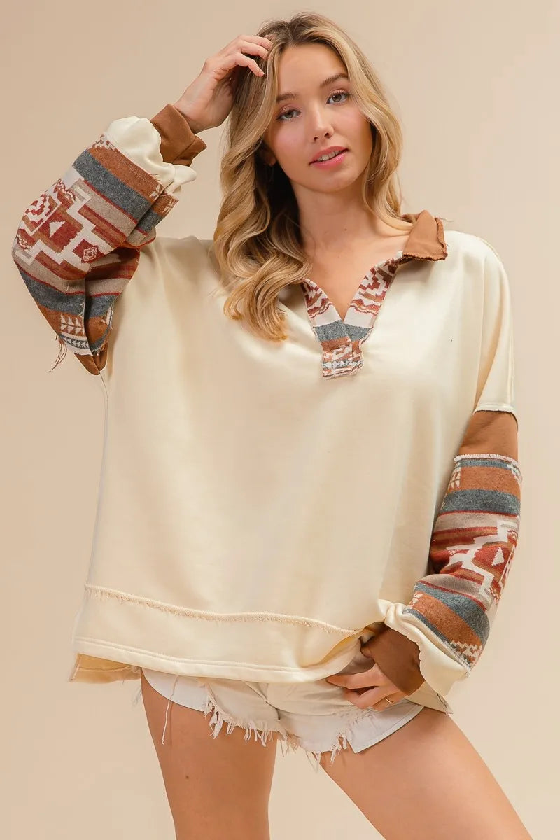 BiBi French Terry Knit and Aztec Print Mixed Top Tops