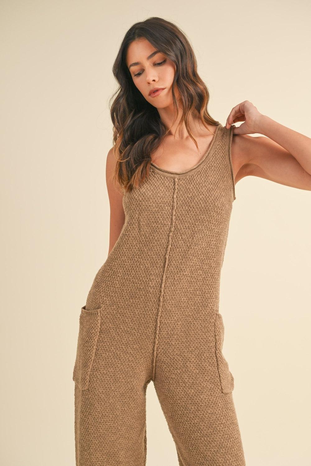 MABLE Sleeveless Knit Crop Jumpsuit with Pockets - DAVERRI FASHIONS