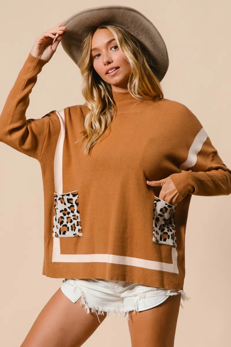 BiBi Mock Neck Sweater with Leopard Pocket Sweaters