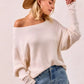 BiBi Waffle Knit beige ribbed off-shoulder long-sleeve sweater