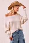 BiBi Waffle Knit beige ribbed off-shoulder long-sleeve sweater