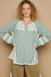 POL Round Neck Long Sleeve Lace Trim Thermal Top Forest Green L