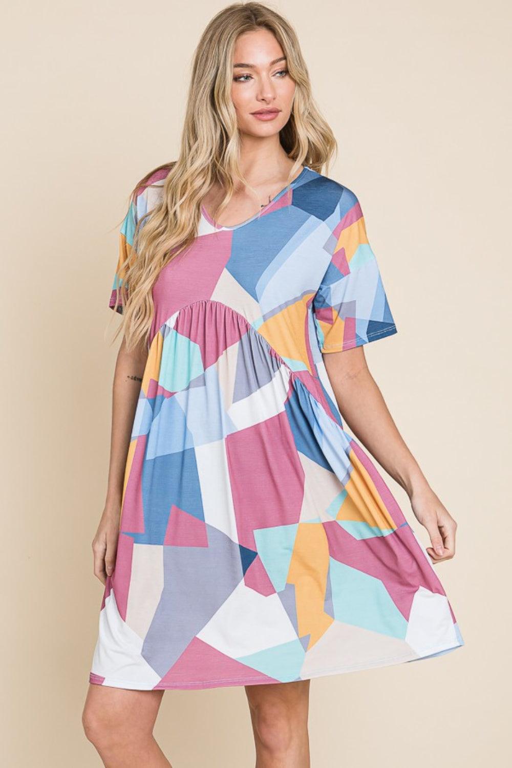 BomBom Ruched Color Block Short Sleeve Dress Multicolor Midi Dresses