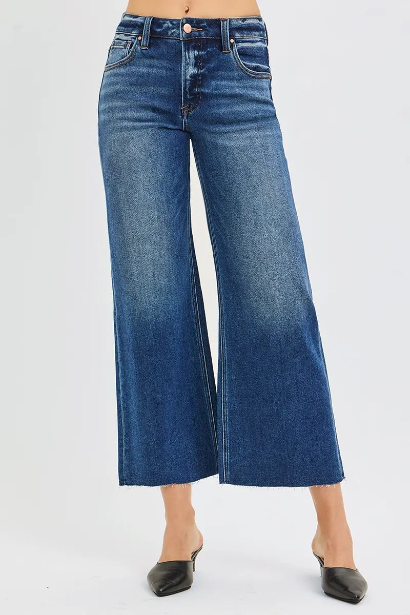 DARK RISEN Full Size Mid Rise Crop Wide Raw Cut Hem Jeans Plus Size | Jeans Daverri Fashions