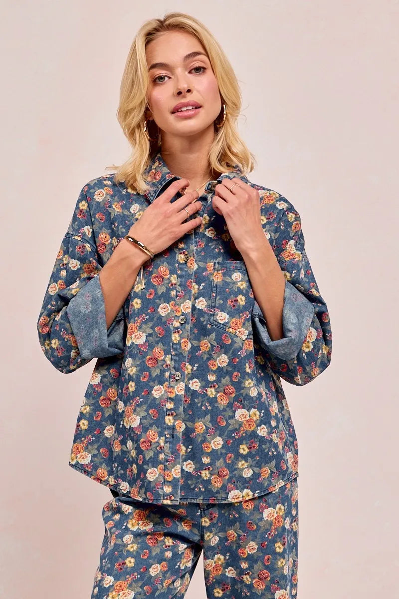 BiBi Washed Floral Print Denim Jacket Shackets