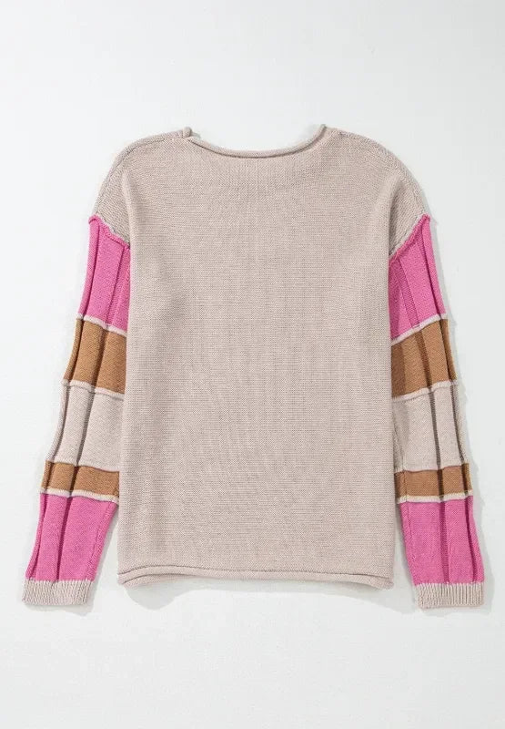 Color Block Round Neck Long Sleeve Sweater - DAVERRI FASHIONS