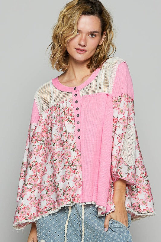 POL Washed Floral Print Crochet Detail Top Fuchsia Pink Tops