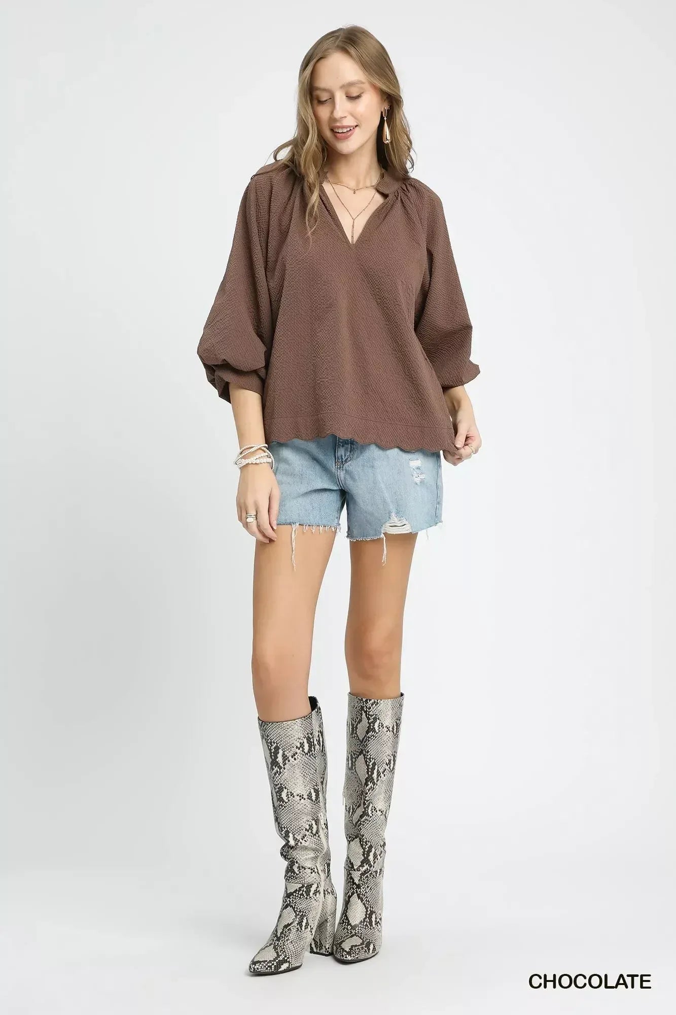 Umgee Full Size Textured Notched Balloon Sleeve Blouse Plus Size - DAVERRI FASHIONS