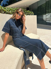 High-Waist Side Slit Contrast Stitch Denim Maxi Skirt | Skirts Daverri Fashions