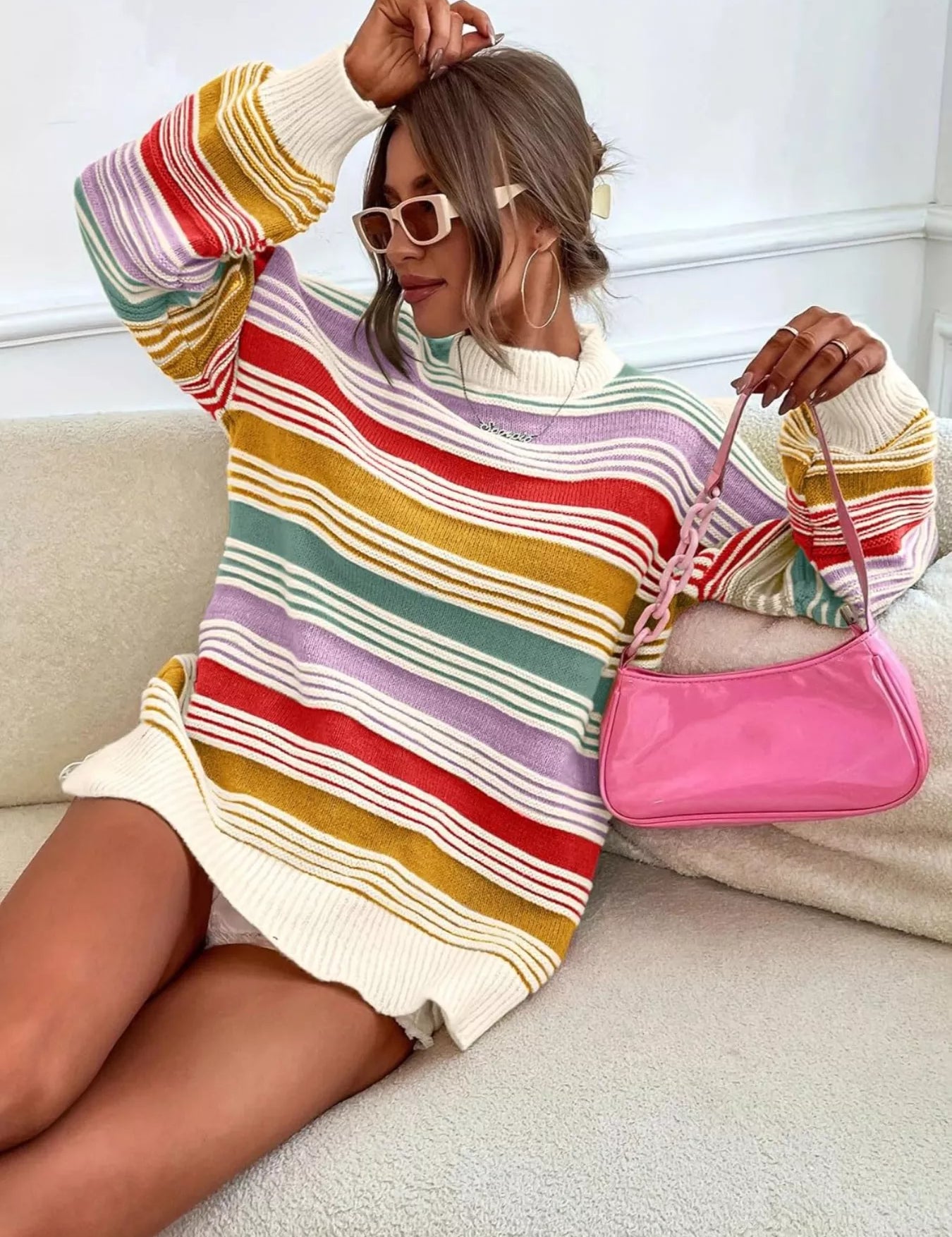 Rainbow Striped Drop Shoulder Oversized Sweater | Sweaters Daverri Fashions