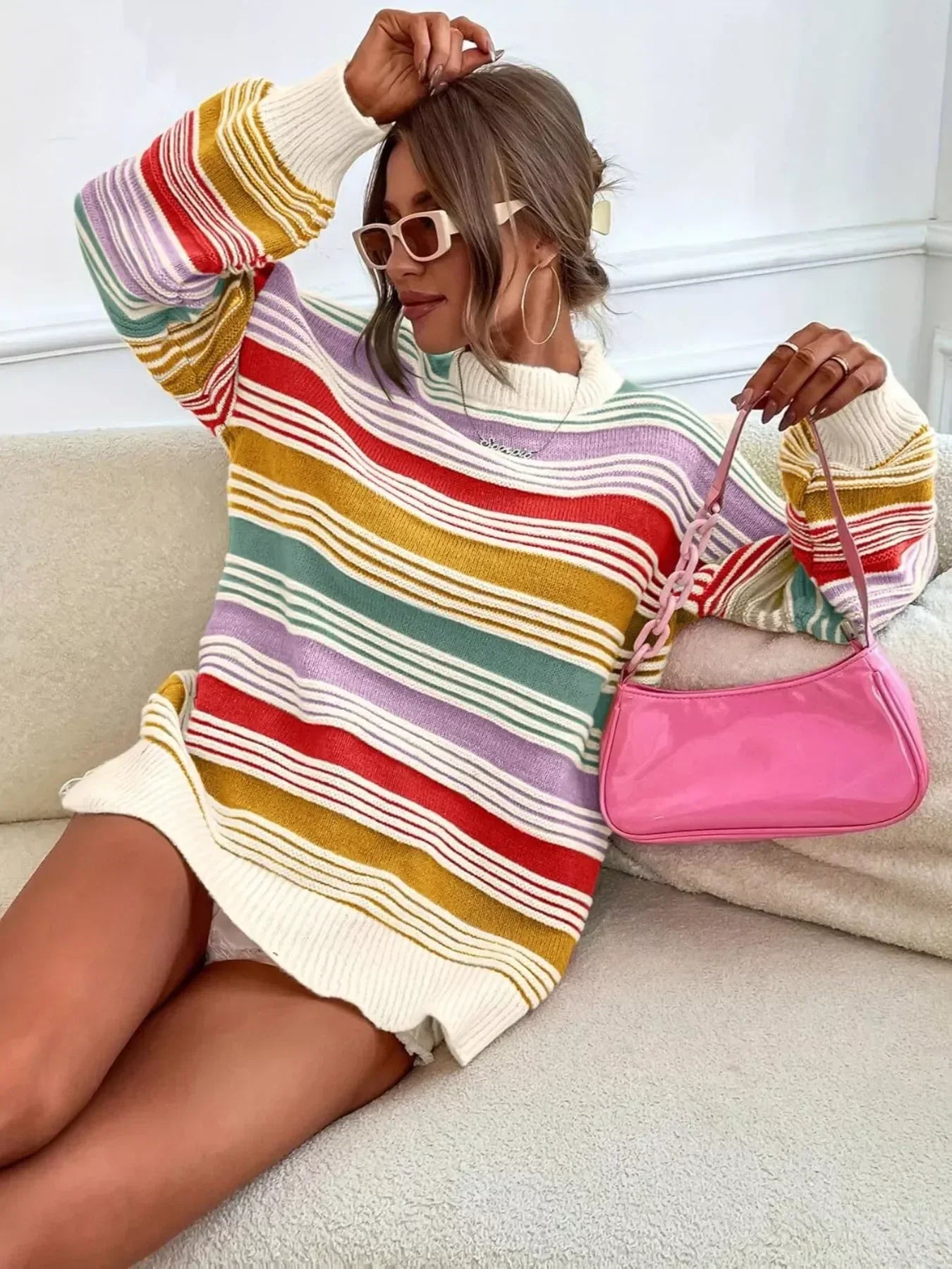 Rainbow Striped Drop Shoulder Oversized Sweater - DAVERRI FASHIONS