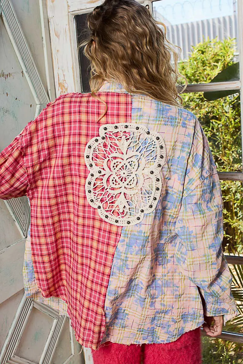POL Patchwork Plaid Button-Up Shirt with Contrast Pockets Shirts